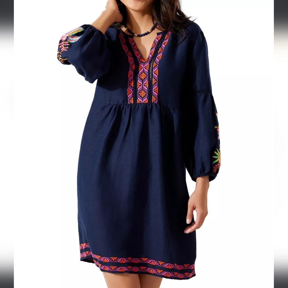 Tommy Bahama navy linen floral embroidery dress